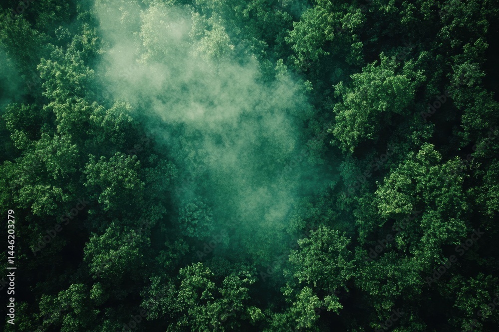 Poster drone captures lush green forest canopy enveloped in wispy clouds creating a serene natural tapestry