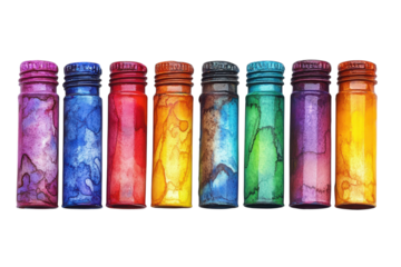 Vibrant rainbow ink bottles arranged in a row on a white background showcasing their rich colors and