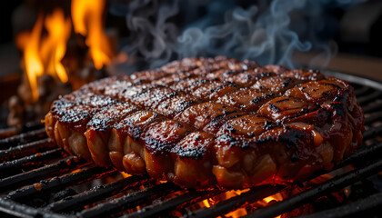 Grilled Barbecue Steak on Fire - Smoky Meat with Flames and Grill Marks