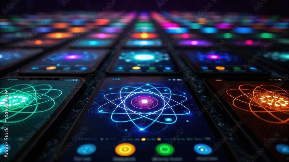 Poster a vibrant display of smartphones arranged in a grid, each showcasing colorful atomic designs, creati