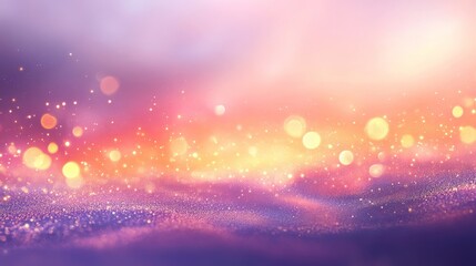A mesmerizing sunset scene with vibrant hues of orange, pink, and purple blending seamlessly, creating a dreamy atmosphere filled with shimmering bokeh lights in a tranquil landscape