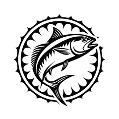 Tuna Fish Jumping Silhouette With Spiky Circle Outline, Aquatic Wildlife, Black And White