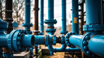 Obraz premium Outdoor Industrial Pipes with Bolts and Flanges in Blue and Rust Textures