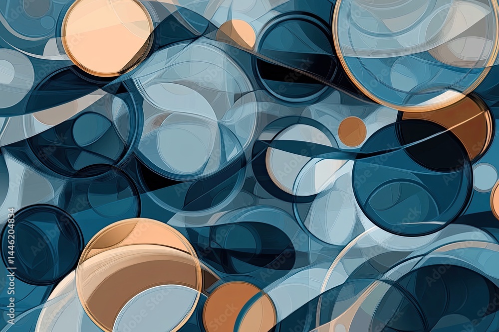 Poster abstract design with overlapping circles in shades of blue, beige, and brown. dynamic interplay of s