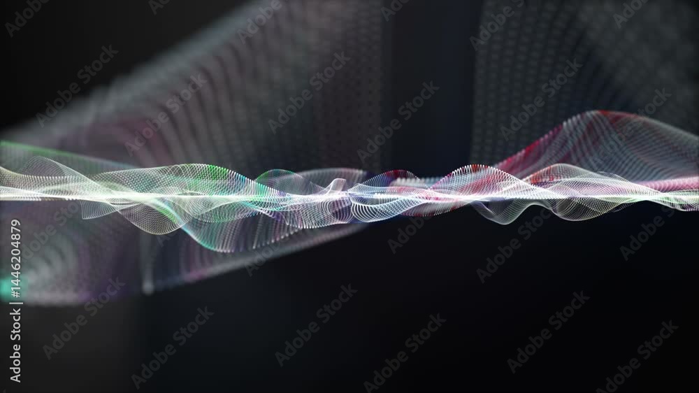 Poster fantastic video animation with particle wave object in slow motion, 4096x2304 loop 4k
