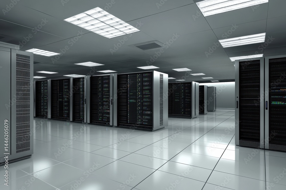 Poster data processing in a modern server room with rows of equipment and bright lighting, data processing 