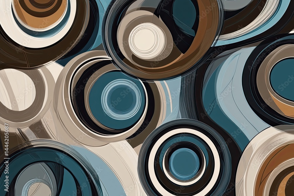 Poster abstract circular design in earthy and cool tones. layers of concentric circles in various shades of