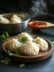 Steaming hot khinkali dumplings with cilantro and spicy sauce