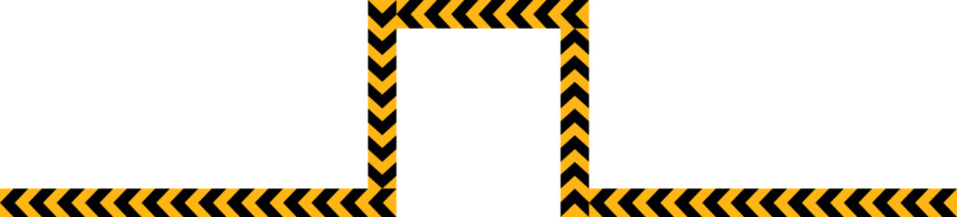 Obraz premium Yellow and black traffic sign arrow pointing on a path with a square shape emerging from a straight line.