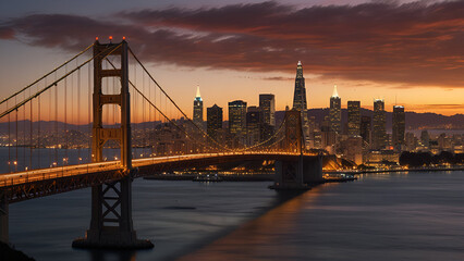 Golden Gate Bridge illuminated at dusk with the San Francisco skyline in the background, capturing the city’s iconic architecture, glowing lights, and the dramatic colors of sunset over the bay
