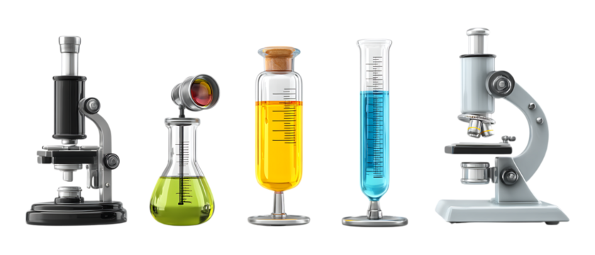 Pack of Laboratory Equipment Against Transparent Background for Science Education, Research Projects, or Medical Design