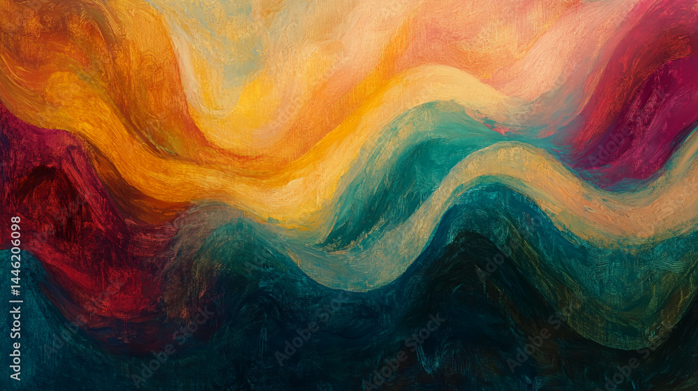 Aufkleber Abstract painting with textured brushstrokes in warm and cool tones, creating a dynamic, flowing composition suggesting movement and energy