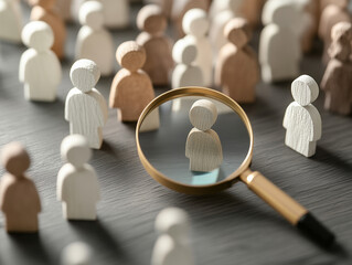 Magnifying glass focusing on a wooden figurine, searching for talent and recruitment concept