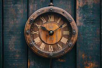 Detailed close up of a wooden clock face with Roman numerals on a dark grey wall, Clock Face 3 Close Up in Time Lapse on Dark Grey Wall in Office