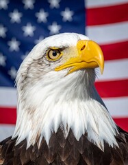 Naklejka premium Beautiful isolated American bald eagle with an American flag background