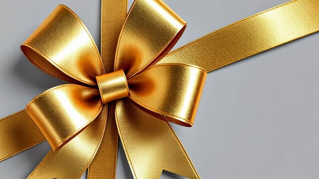 Golden ribbon bow on light gray background for celebration or gift wrapping