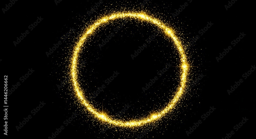 Poster golden sparkly circle frame - a shimmering golden circle of sparkling particles on a black backgroun