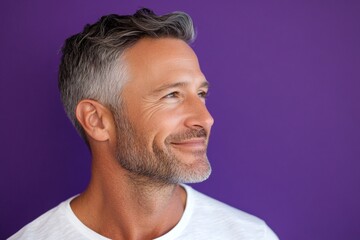 Obraz premium A sophisticated male posing with grace. Purple solid background. Elegant men's short caesar haircut - midlife white man with grey hair. Concept visual design idea art of style for aging men.