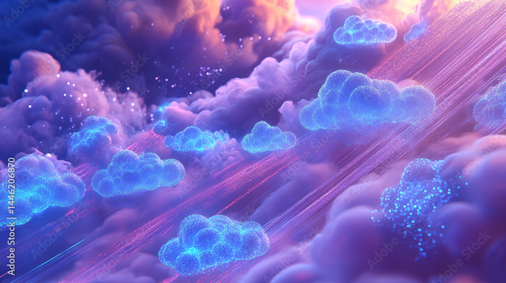 Poster glowing blue cloudscape with pink streaks, digital art depicting data flow and cloud computing, symb