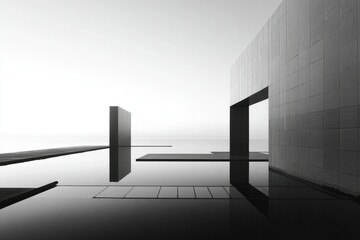 Minimalist architecture reflecting in still water, creating a serene and geometrically balanced composition.