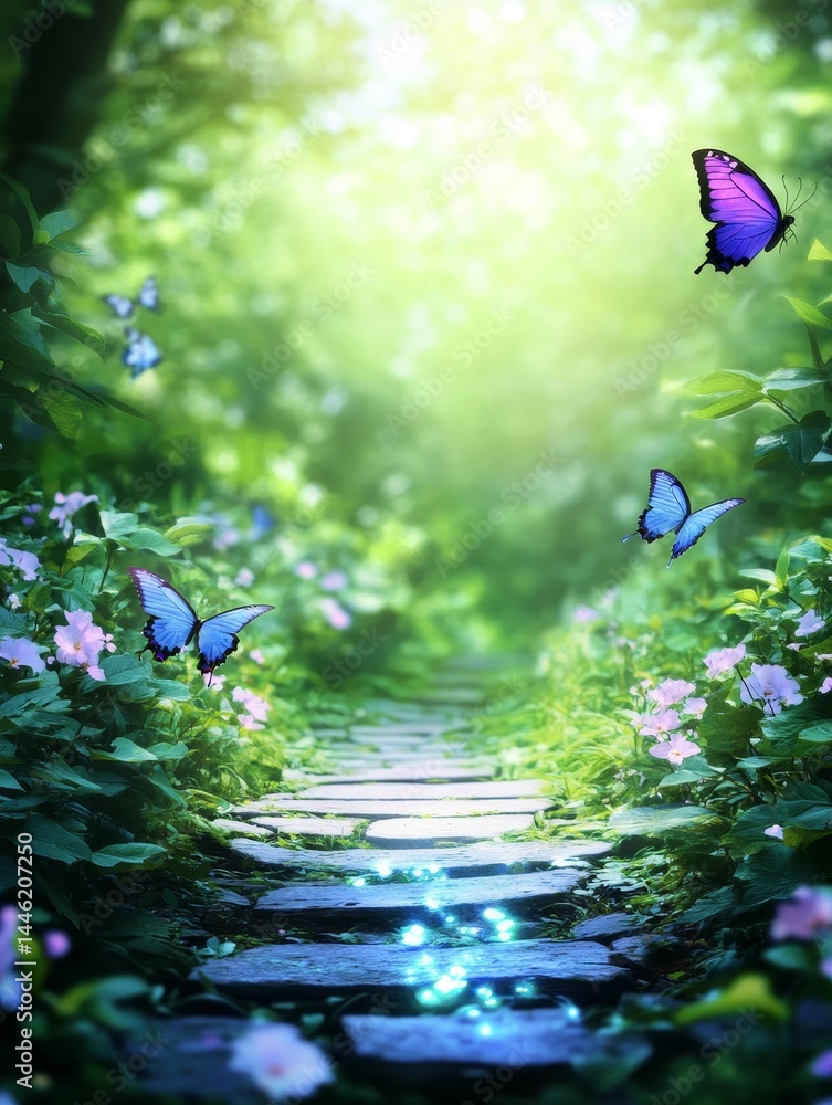 Aufkleber enchanting forest path glowing butterflies - a magical forest path illuminated by glowing particles,