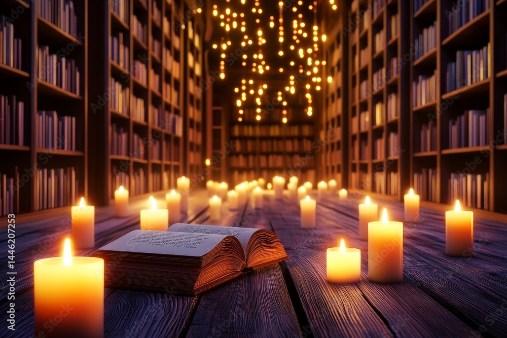 Poster enchanting library with candles and open book - a magical library scene with lit candles lining the 