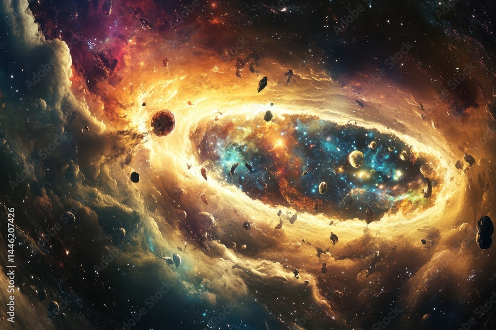 Poster journey through a vibrant space tunnel filled with colorful clouds and celestial wonders, a flyby in