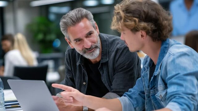 Middle-aged founder mentoring a young team member on passionate pitching