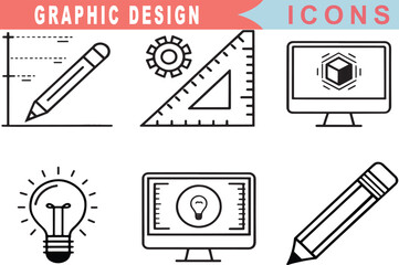 Fototapeta premium Creative Graphic Design Line Icons Art, Drawing, Tools, Portfolio, Digital Media, Design Process Collection