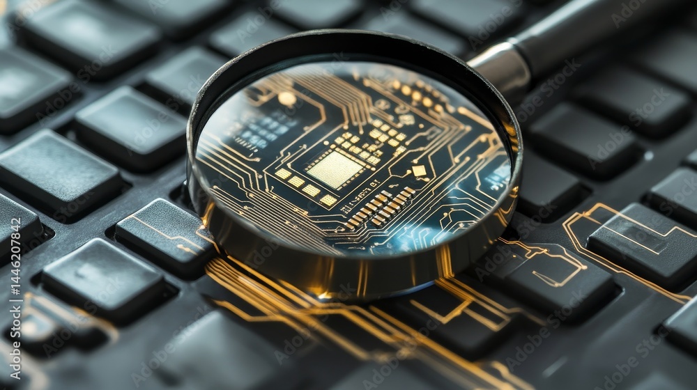 Poster examining computer chip technology - close-up view of a magnifying glass revealing intricate details