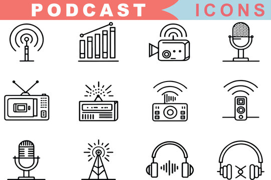 Podcast Icons Collection in Line Style  Radio, Microphone, Broadcast, Audio, Channel, Headphones, Video Symbols

