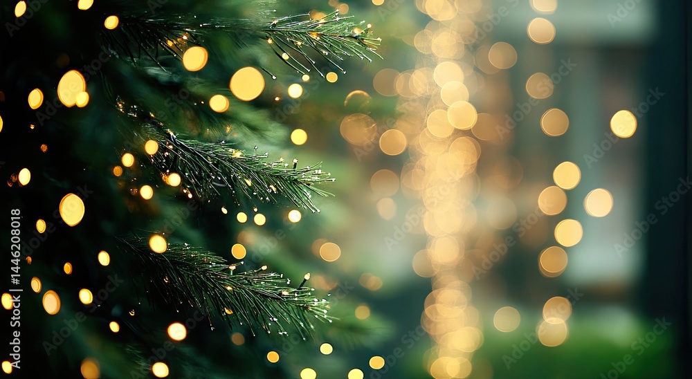 Poster festive fir branches adorned with bokeh lights adding holiday glow and cheer