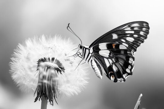 Fototapeta Black and white butterfly collecting nectar from a dandelion flower in natural garden setting, Close up of black and white butterfly collecting nectar