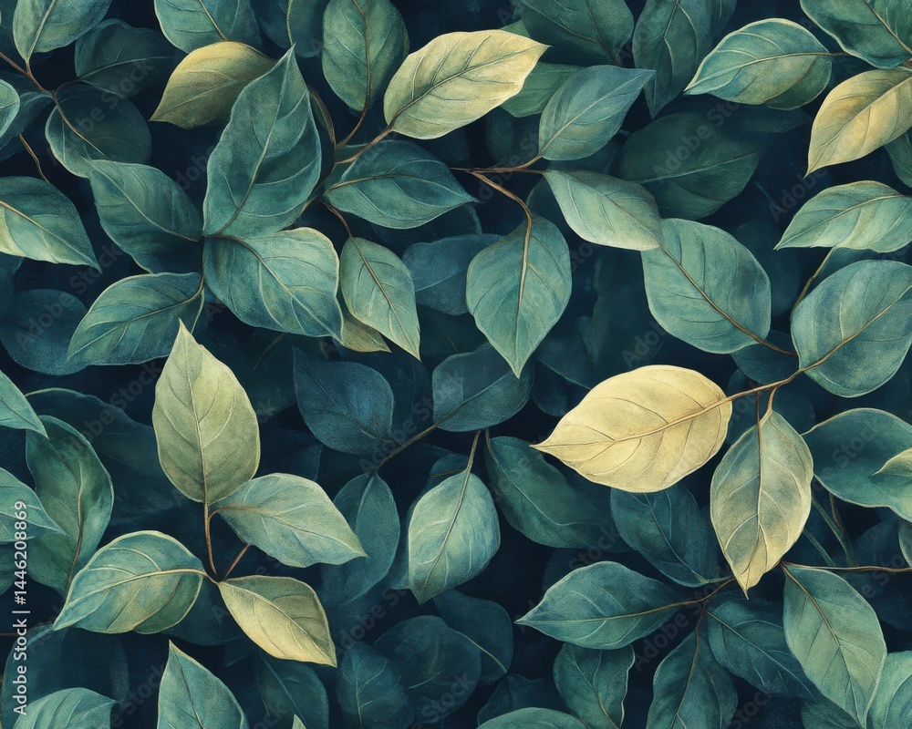 Poster a pattern of overlapping dark green leaves, enhanced with soft light, creating a calm garden ambianc