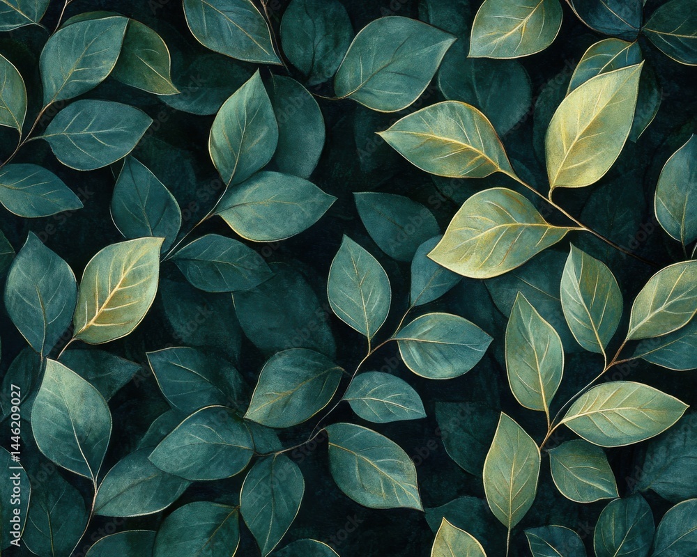 Poster a pattern of overlapping dark green leaves, enhanced with soft light, creating a calm garden ambianc