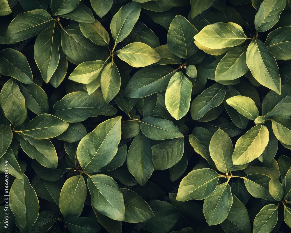 Poster a pattern of overlapping dark green leaves, enhanced with soft light, creating a calm garden ambianc