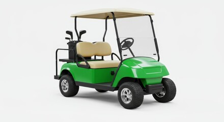 Green Golf Cart on White Background - A vibrant green golf cart, showcasing its sleek design and beige interior, is set against a clean white backdrop. Perfect for websites, brochures, and advertising