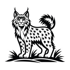 Stylized Black Lynx with Distinctive Ears and Tail Standing on Patch of Grass