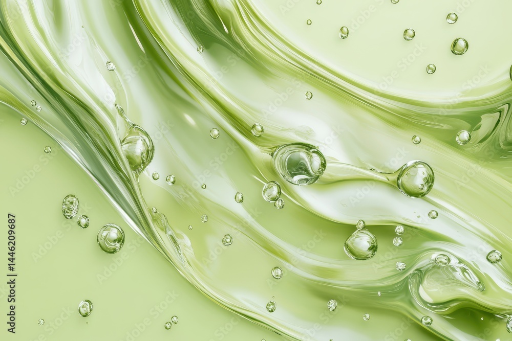 Poster liquid shapes flow smoothly across a vibrant green background creating a soothing visual experience,