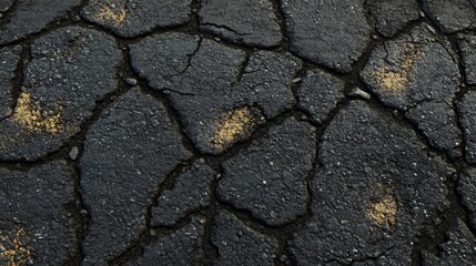 Obraz premium Cracked asphalt surface with visible yellow patches, showcasing wear and tear, suitable for illustrating urban decay or road maintenance issues
