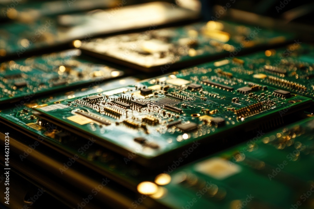 Poster pcb assembly line production process in mainland china showcasing intricate circuit designs, factory