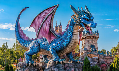 Fototapeta premium Majestic Dragon Sculpture Guarding Fairytale Castle, Fantasy Landscape Magical worlds for International Day of Play
