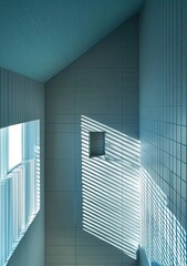 Obraz premium Interior shot of a light-filled modern space.?Sunlight casts geometric shadows on light-blue walls and tiled floors.?Multiple small windows