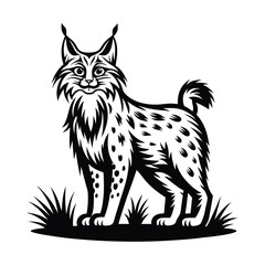 Bold Black and White Silhouette of Standing Eurasian Lynx in Grass