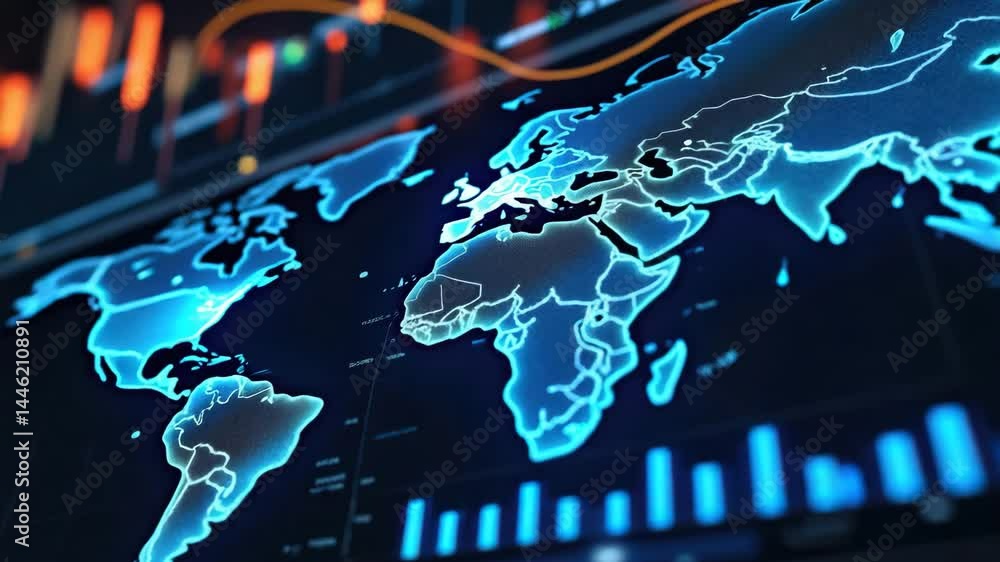 Poster a digital depiction of a world map with data analytics elements, showcasing geographic and statistic