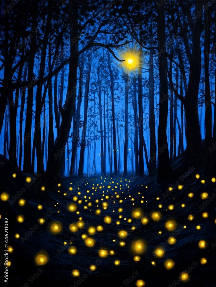 Poster firefly trail in the dark forest - a magical scene of fireflies illuminating a path through a dark f