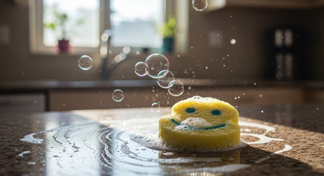 Happy Cleaning Sponge in Kitchen - A yellow smiley face sponge sits in soapy water on a kitchen counter, surrounded by bubbles. Clean and cheerful kitchen scene