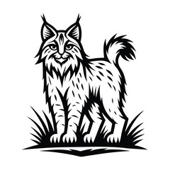 Stylized Black and White Lynx Silhouette Standing on Grass, Isolated Against White