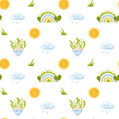 Seamless vector pattern with hand-drawn whimsical elements sun, cloud, rainbow and eco heart Gentle nature themed stylized design in soft colors for modern prints, textile, wrapping paper.