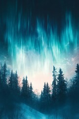 A breathtaking view of the northern lights illuminating a serene forest landscape at dusk, with tall pine trees silhouetted against vibrant colors in the sky